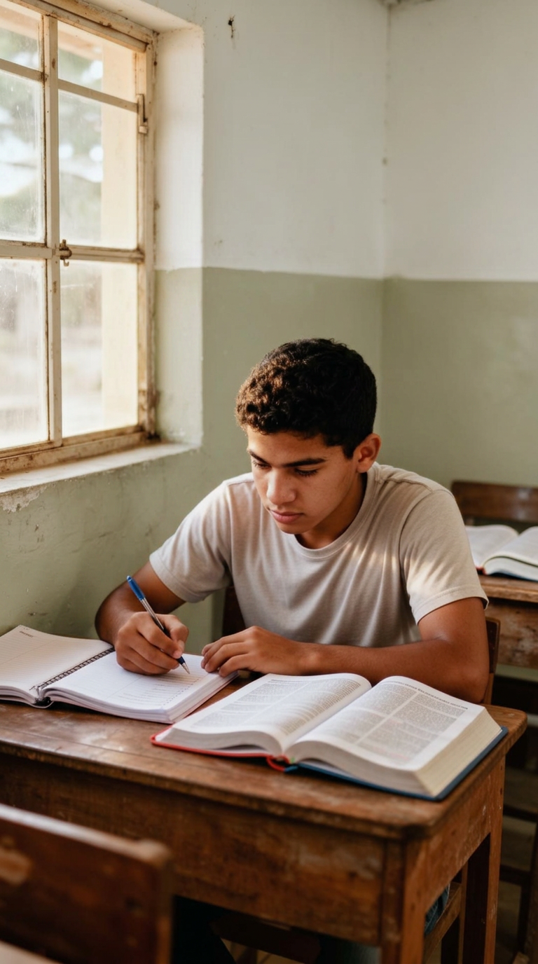 A young Honduran student studying by lamplight